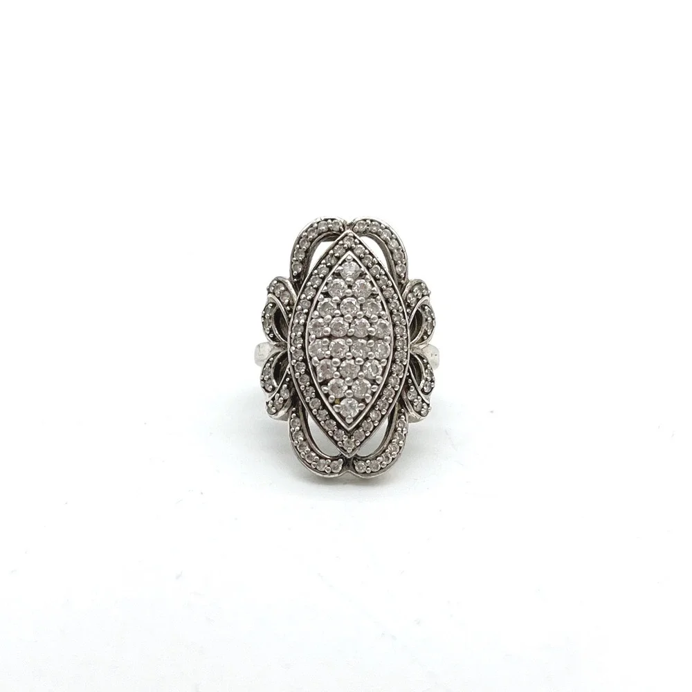 Ornate Marquee Ring Cubic Zirconia Pave Sterling Silver Statement‎ Cocktail Ring